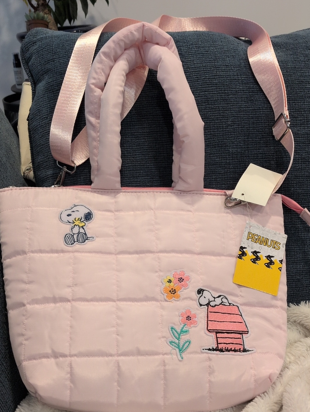 Peanuts Pink Quilted Insulated Snoopy Tote with Embroidered Appliqués